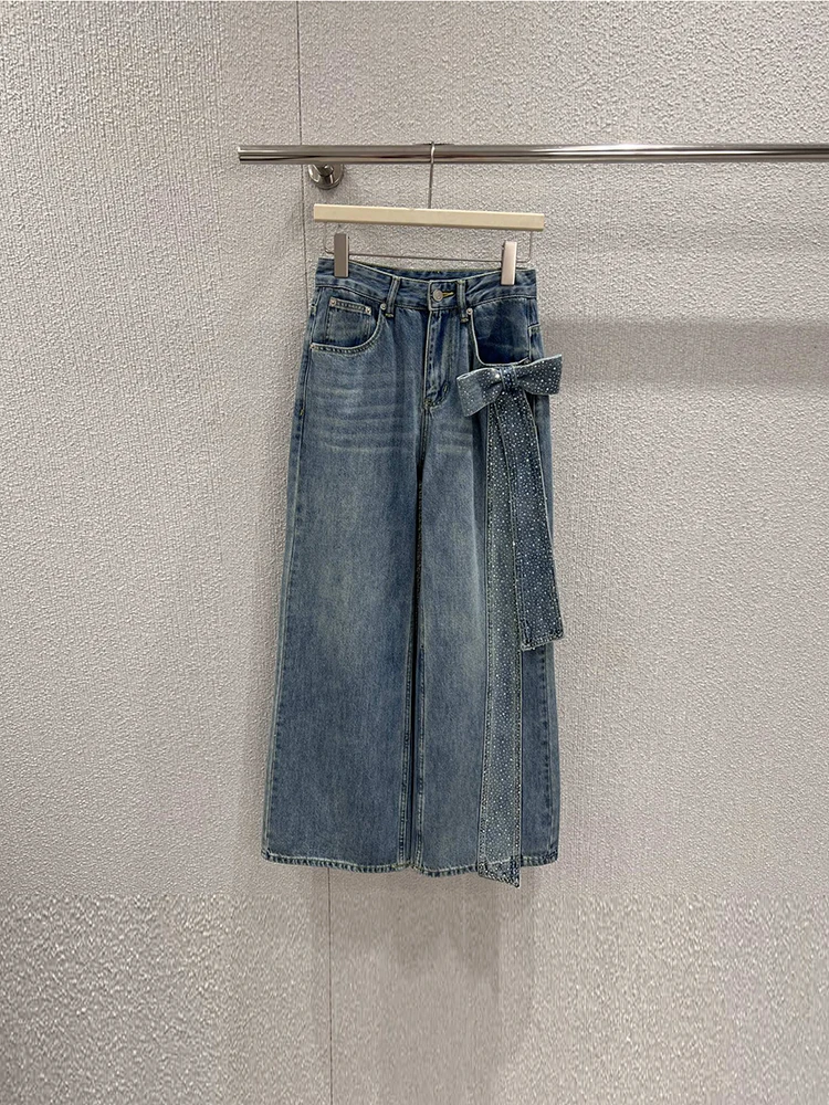 

Spring Autumn Fashion Light Blue Casual Cowboy Wide Leg Trousers Women's Multi Pocket Diamond Butterfly-knot Bleaching Jeans