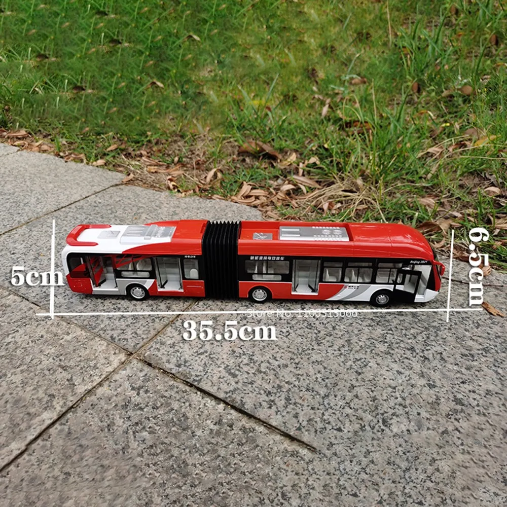 Alloy Diecast Bus Toy Car para Boy, Modelo com Som e Luz, Pull Back Function, Veículo Toy, Articulado, Seção dupla, Presente, 1:32