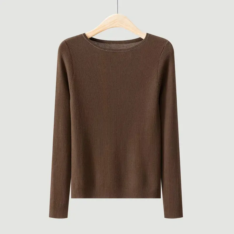 2026 Autumn Winter Round Neck Wool Slim Fit Knitted Sweater for Women, Long Sleeved Base Sweater