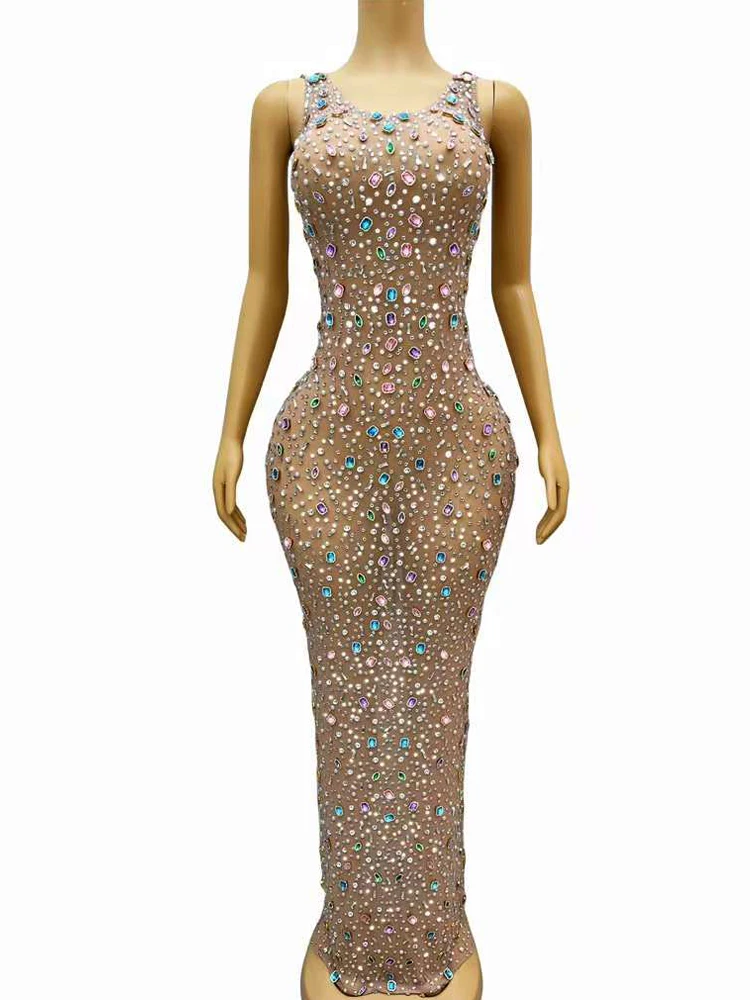 

Shining Colorful Crystal Women Evening Dress Luxury Sleeveless Lady Party Photoshoot Wear Sexy See Through Elastic Mesh Stage