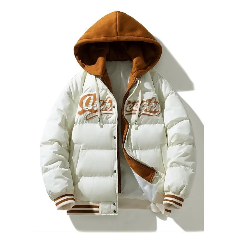 

U 16982 Men's Embroidered Hooded Jacket Large Size Cotton Coat Outdoor Wear Resistant Long Style Couple's Fashion
