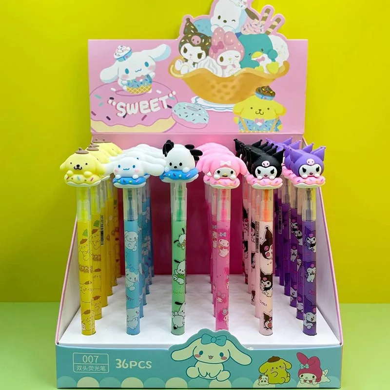 36pcs/lot Sanrio Kitty 6 Colors Highlighter Double Head Kuromi Pochacco Fluorescent Marker Drawing Pens Office School Supplies