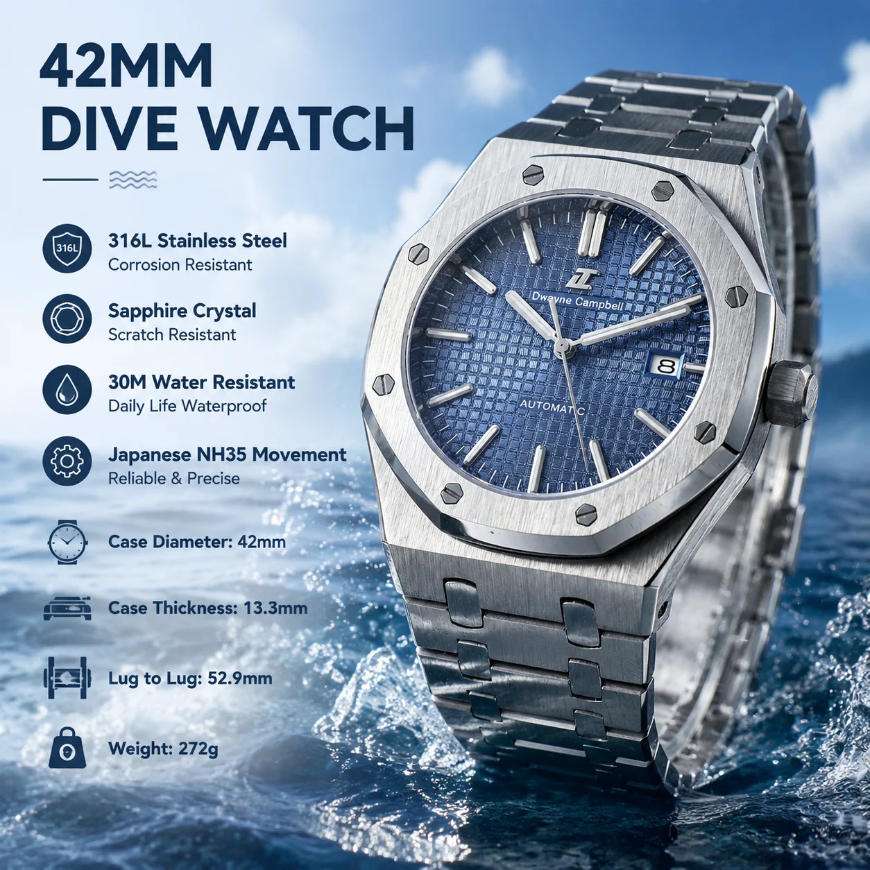 42mm Japan NH35 Movement Watch Dwayne Campbell Watch Sapphire 316L Stainless Automatic Mechanical Watch C3 Luminous 3Bar Watch