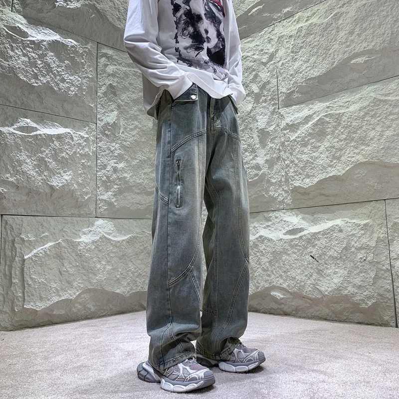 

American High Street Vibe Men's Workwear Jeans Spring Autumn Zipper Splicing CleanFit Straight Loose Wide Leg Pants