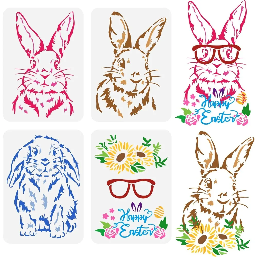 

4PCS Rabbit Painting Stencils 11.7x8.3 inch Happy Easter Decoration Plastic Long-Eared Bunny Stencil Sunflower Leaves Glasses