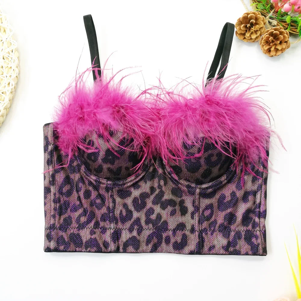 Sexy Leopard Print Bralette with Feathers and Gold Glitter for Nightclub Stage Performance Push Up Backless Bra Women Underwear