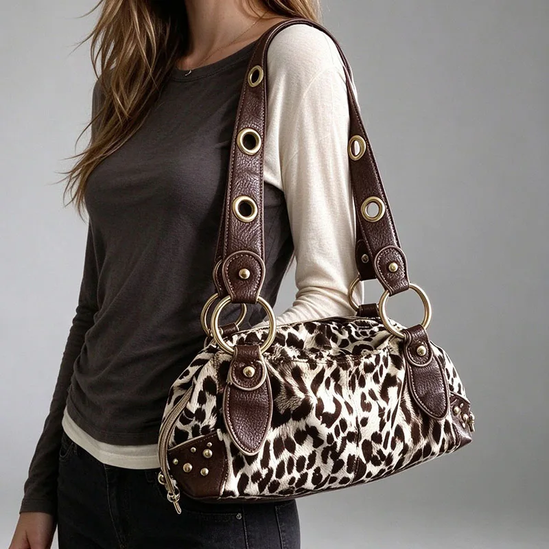 Aligaia New Retro Leopard Print Shoulder Bag Rivet Studded Handbag Drawstring 2027 Fashion Underarm Bag Hot Girl Motorcycle Bag
