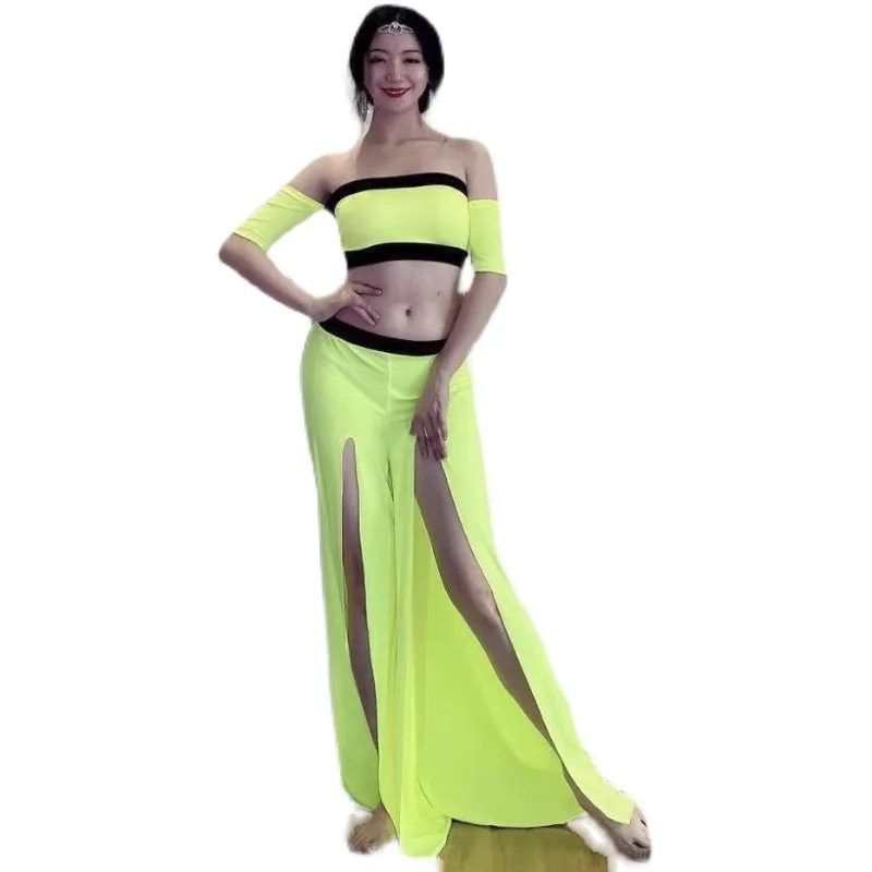 カスタマイズされたベリーダンス衣装練習衣装フュージョンクールスーツクール蛍光色ダブルスリットパンツスカートオリエンタルダンスセット
