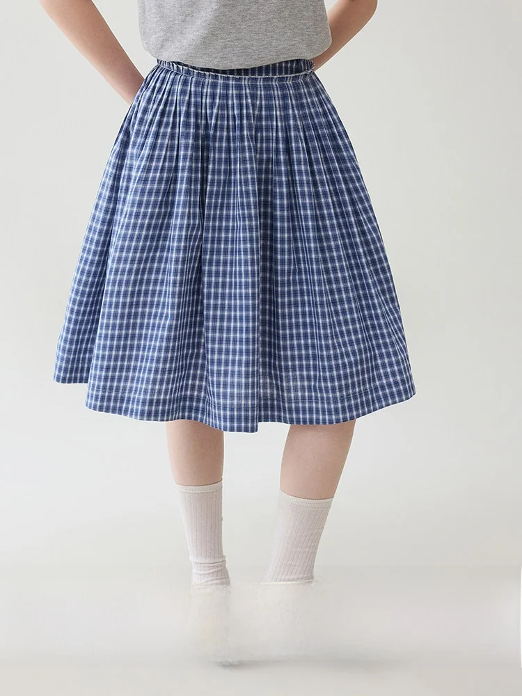 

Original AMUU Pure Cotton Plaid Tuck Pleat Skirt Women's Summer New Style Versatile Anti-aging High Waist A-line Skirt