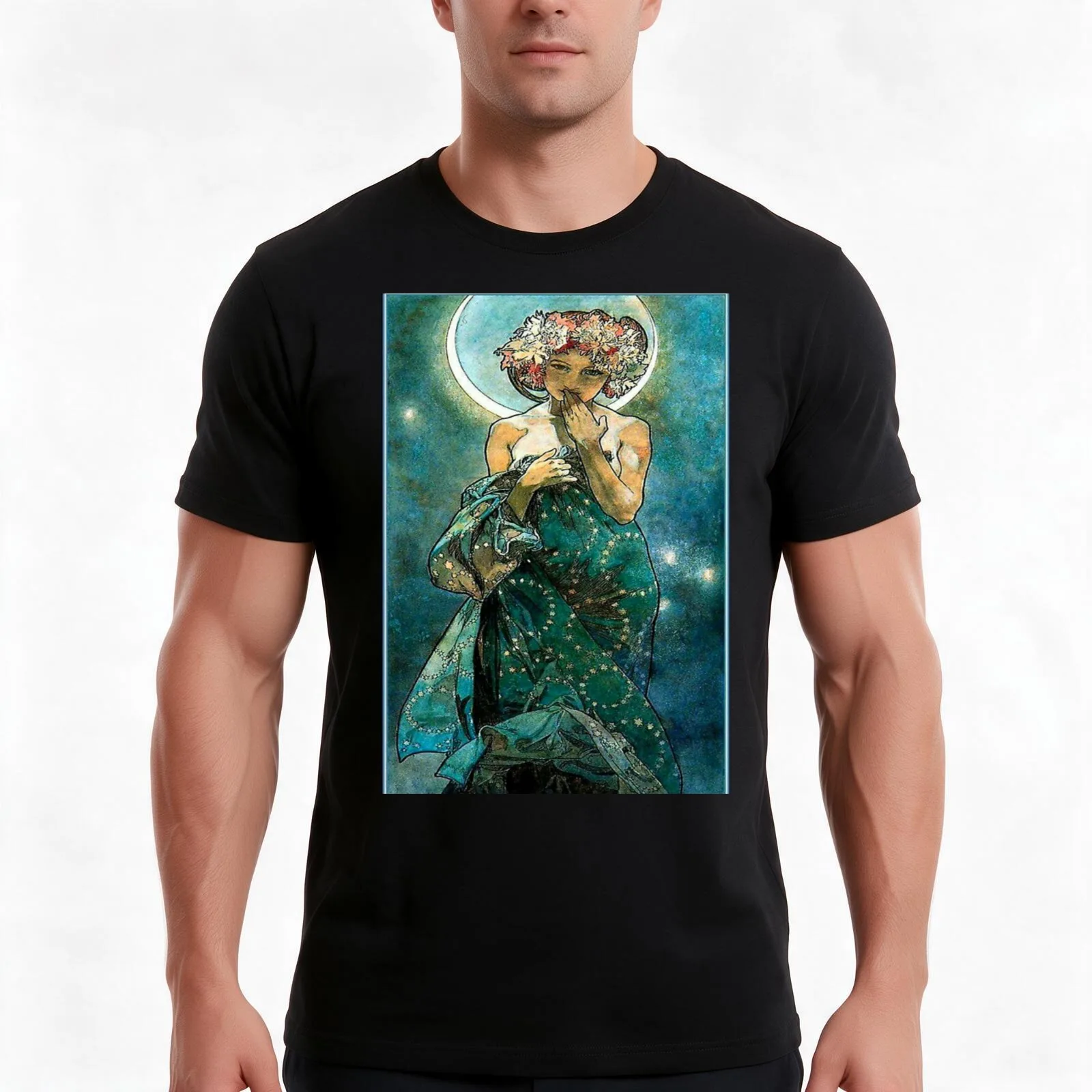 Alphonse mucha moonlight T-Shirt, Summer Casual Cotton Tee, Oversized Streetwear Tops, Vintage Graphic Print, Unisex Men Women