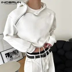 INCERUN Tops 2023 Korean Style New Men High-waisted Drawcord Hooded Casual Streetwear Solid All-match Zippered Sweatshirts S-5XL