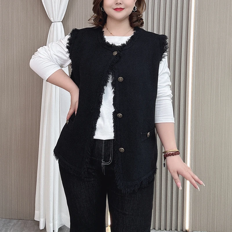 Plus Size Women Sleeveless Vest Fall New Fashion Temperament Tassels Chic Knitted Woolen Waistcoat 2422