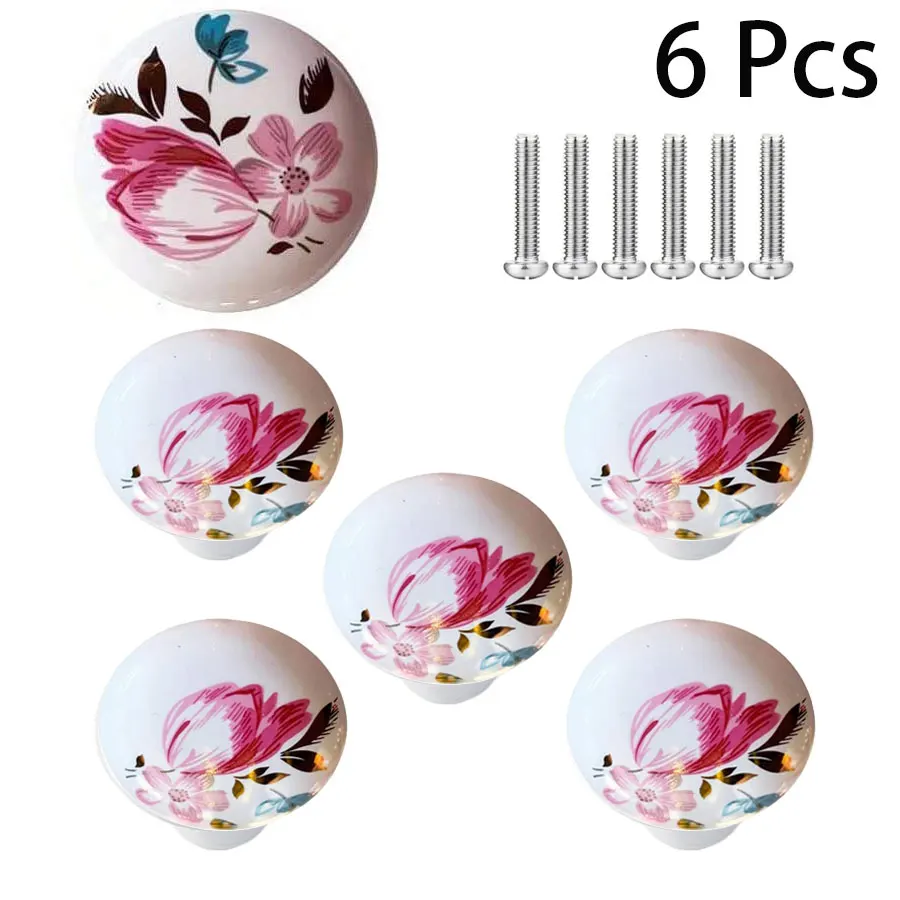 Ceramic Hand Painted Drawer Knobs, [6 Pack] Vintage Flower Round Cabinet Knobs and Pulls, Kitchen Furniture Knobs for Dresser.