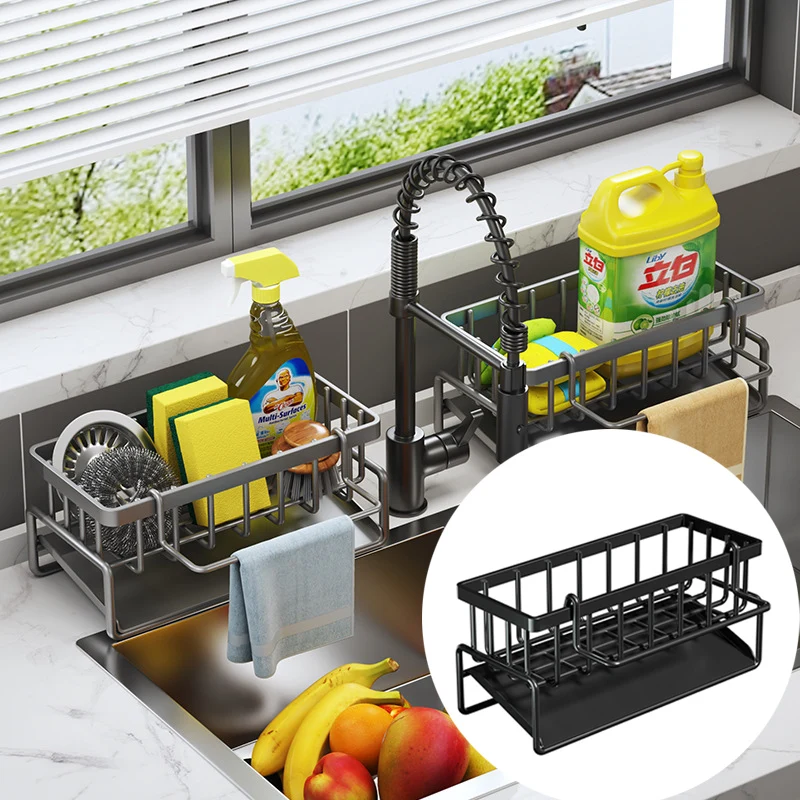 Stainless Steel Kitchen Sink Storage Rack Drain Sink Sponge Dish Soap Storage Rack Towel Hanging Rack Drain Tray Kitchen Storage