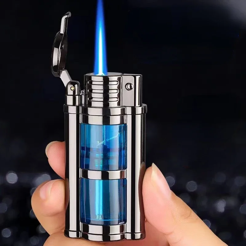 2023 Windproof Direct Charge Transparent Visible Air Bin Metal Gas Turbine Lighter Kitchen Barbecue Camping Cigar Tool Men’s