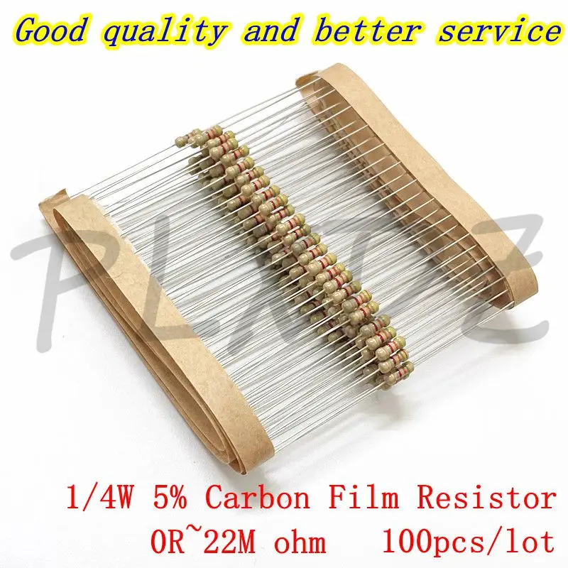 100PCS 1/4W Carbon Film Resistor 5% 0.25W 0R-22M 0 1 10 47 100 120 150 220 270 330 470 1K 3.3K 4.7K 10K 100K 470K 1M 10M 20M ohm