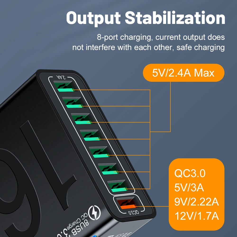 USB Charger 30W Multiple 8 Ports Fast Quick High Speed Charging Mobile Cell Phone Wall Adapter for Huawei 60 Xiaomi 14 Samsung