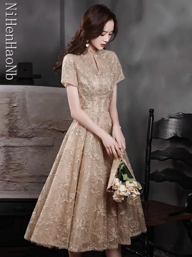 High Neck Evening Dress Flowers Embroidery Short Sleeves Empire A-Line Tea-Length Women Formal Party Gowns