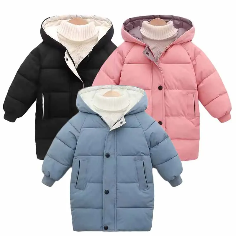 Kids Long Down Cotton Jackets Winter Boys Girls Thick Warm Hooded Outerwear Children Clothes Padded Coats 2-10 Years