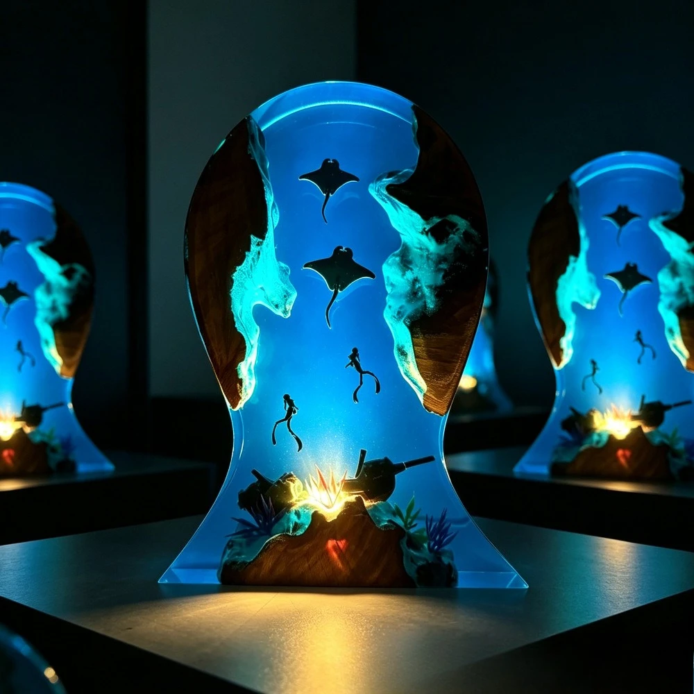 NEW Deep Sea Epoxy Resin Luminous Sculpture Diver Manta Ray Atmosphere Home Decoration Crafts Exquisite Gifts