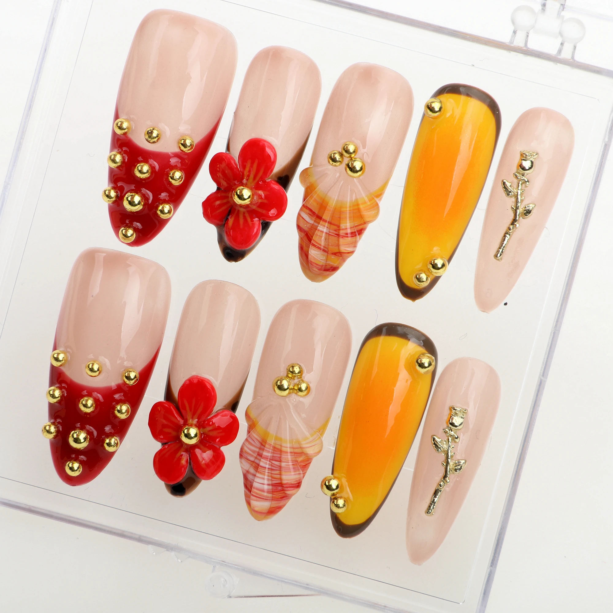 10Pcs Gel Flower With Red French Tip Almond Press On Nails,Custom Hand painted Acrylic nails,Fake Nail for Birthday,Holiday Nail