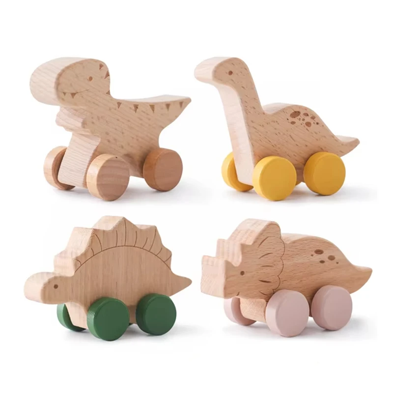 Montessori Dinosaur Wooden Teether Toy - Montessori Cartoon Car Sensory Developmental Baby Teething Toy for Infants Toddlers