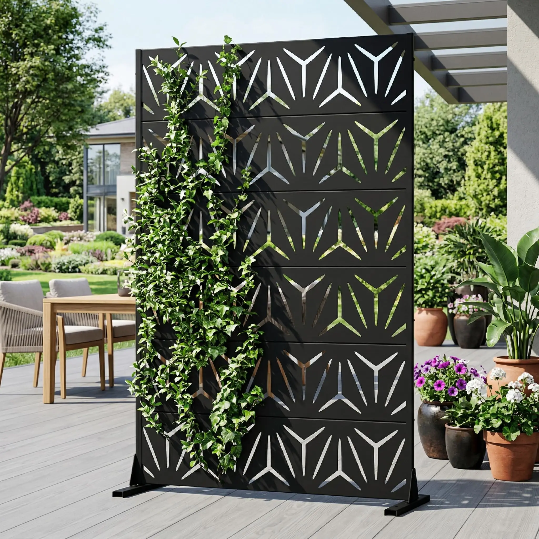 72x47 Metal Privacy Screen, Black Laser Outdoor Fence Panel | Sturdy Freestanding Galvanized Steel Divider for Patio