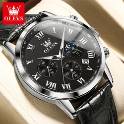 OLEVS Top Luxury Brand Silver Black Dial Men Sports Watches Men's Quartz Clock Leather Moon Phase Watch Male Reloj Hombre