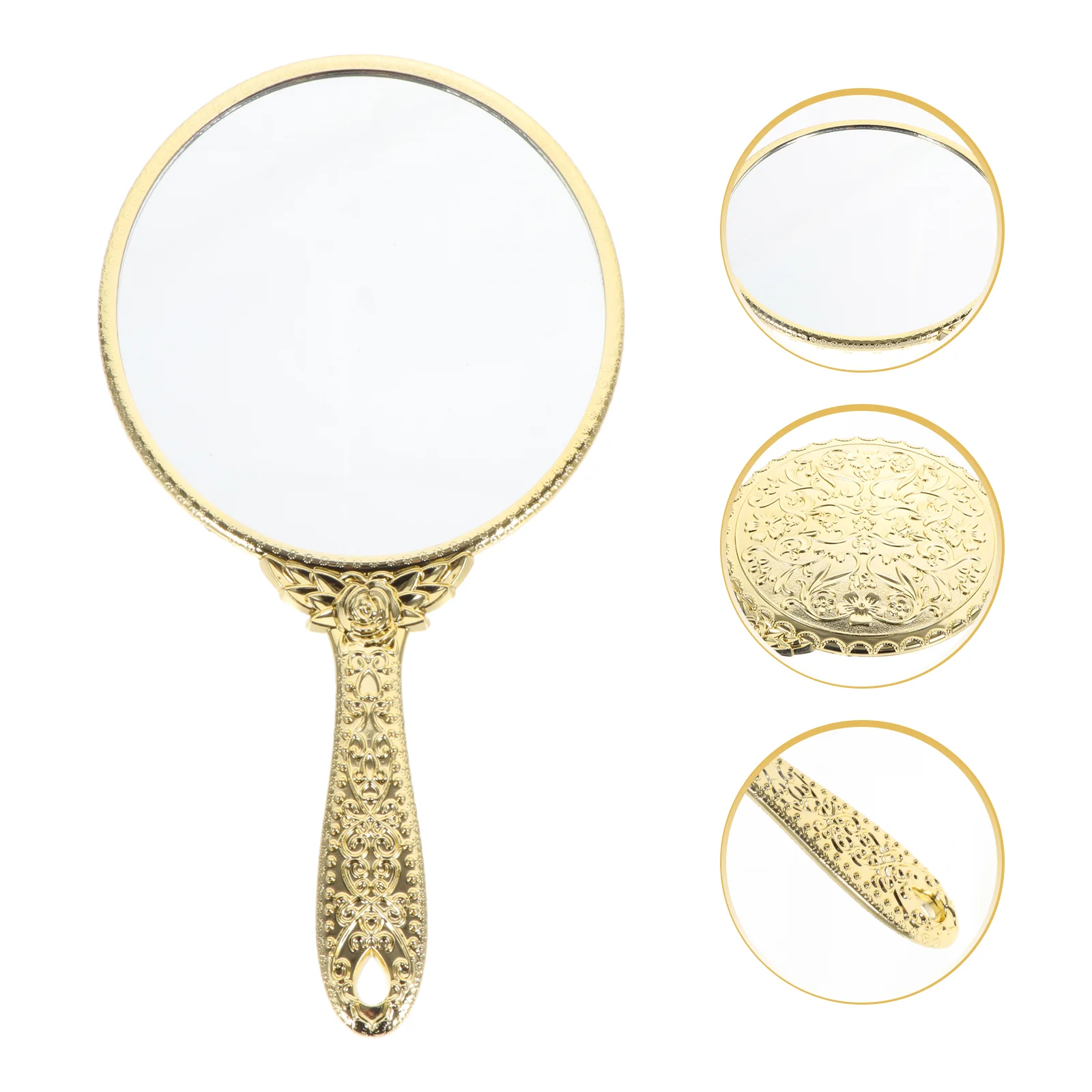 Vintage Handheld Mirror Embossed Flower: Hand Held Decorative Mirrors Mirror with Handle Travel Portable Golden