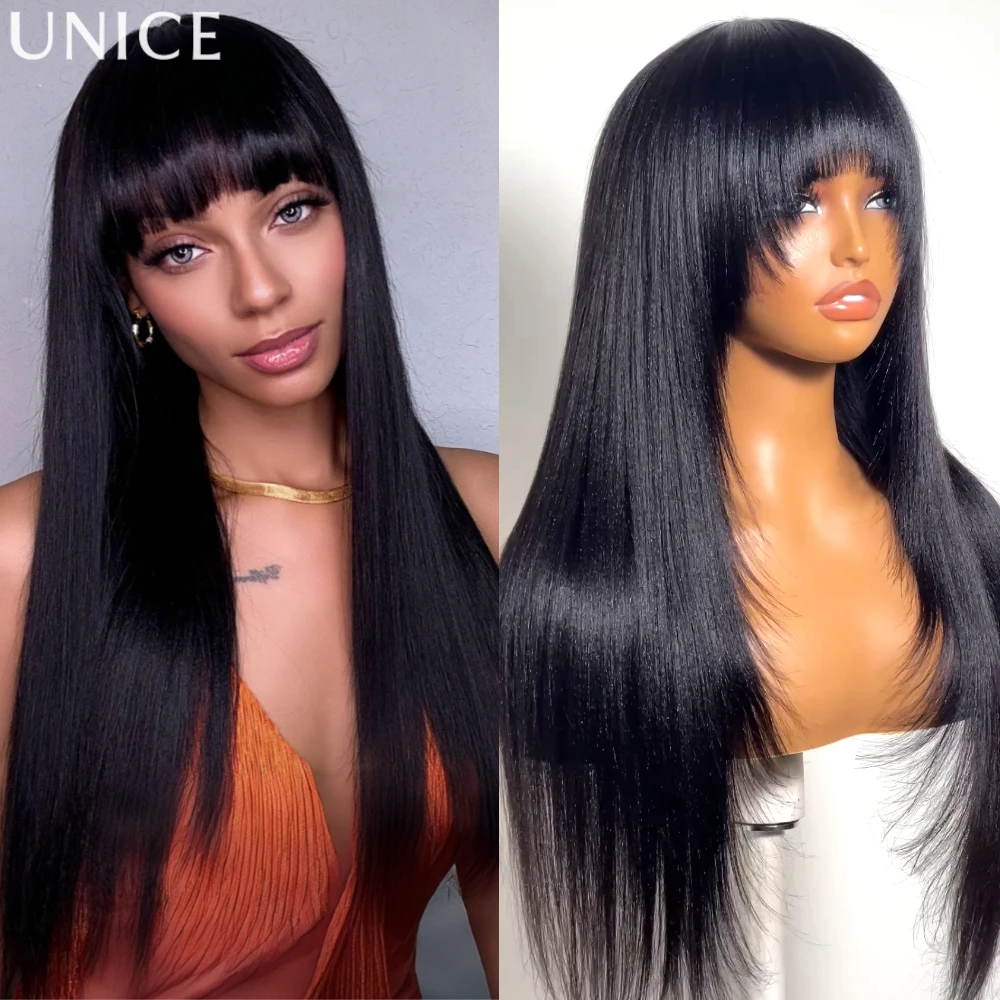 

Волосы Unice, многослойная стрижка, прямой парик яки с челкой, 100% человеческие волосы, парик машинного производства, плотность 150%