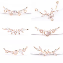 (8786) 6PCS 24K Gold Color Brass with Zircon Branch Heart Double Holes Pendants Connector High Quality Diy Jewelry Findings