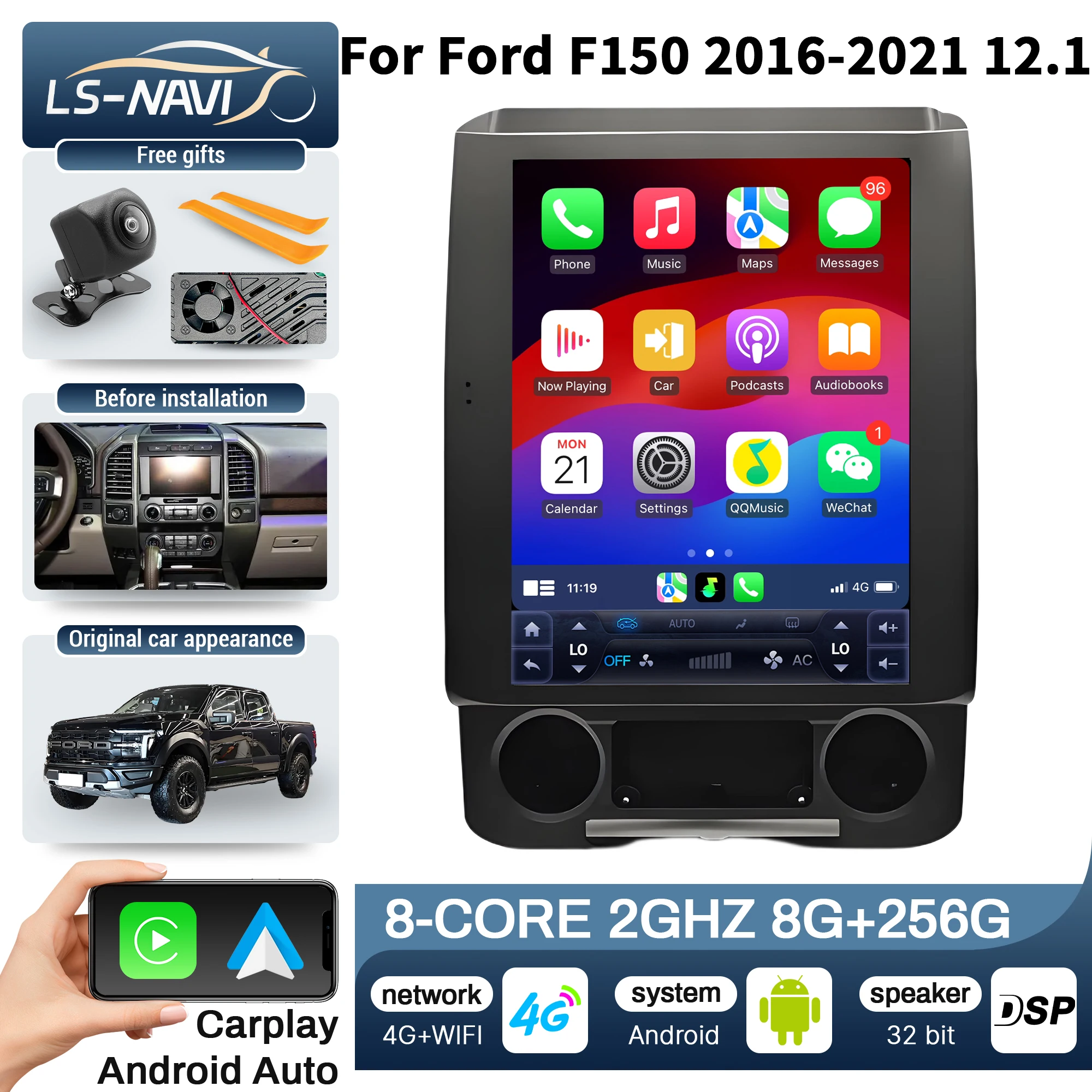 12.1 inch Car Radio Android 14 For Ford F150 2016-2021 4G GPS Wireless Bluetooth CarPlay Head Unit Touch Screen Stereo System
