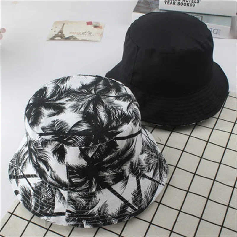 Unisex Summer Printed Bucket Hats Coconut Tree Black White Reversible Fisherman Caps Men Sunscreen Fold Hip Hop Panama Bob Hat