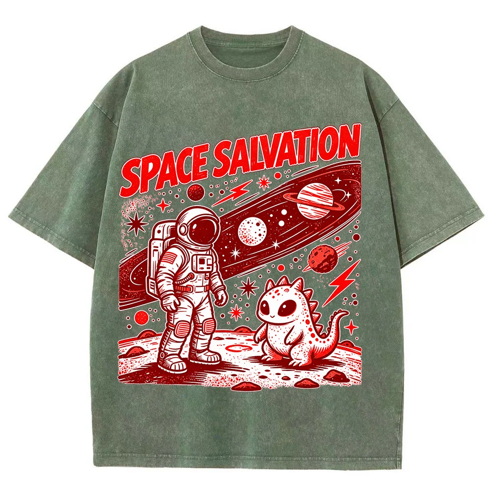 Men  WomenSpace Salvation Graphic T Shirt Vintage Washed Green Short Sleeve Astronaut Alien Print Casual Streetwear Crew  Top ﻿