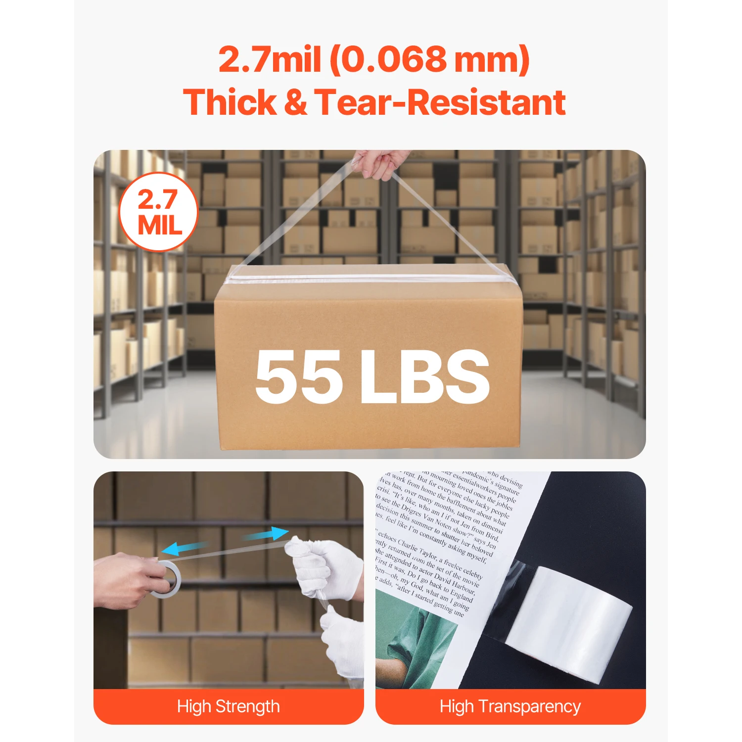 SucceBuy 1.5in Core 6 Rolls Clear Packing Tape with Dispenser 2.7 Mil Shipping Tape Designed for Moving Boxes Storage Mailing