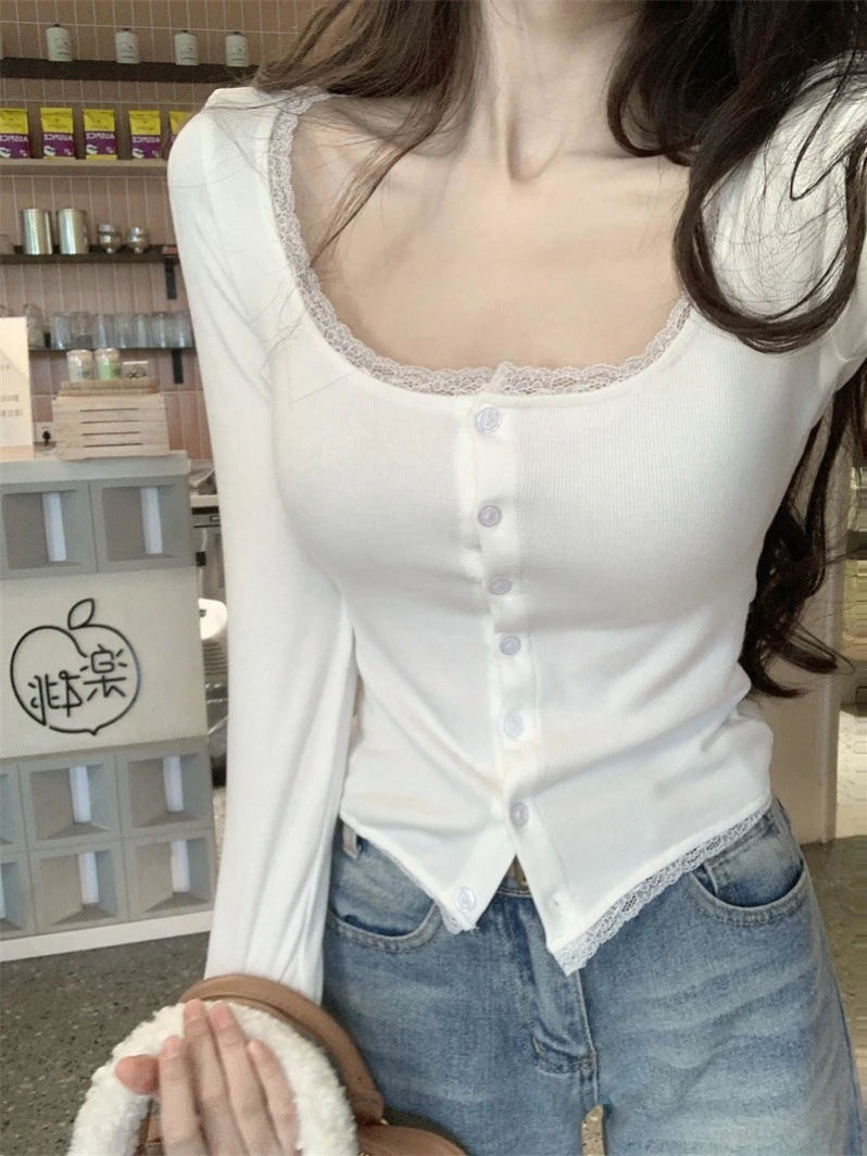 

Pure White Low-Ne Lace Base irt Women's Winter ort Sve Long Sve Underwear Thermal Top Sexy Girl ort Length