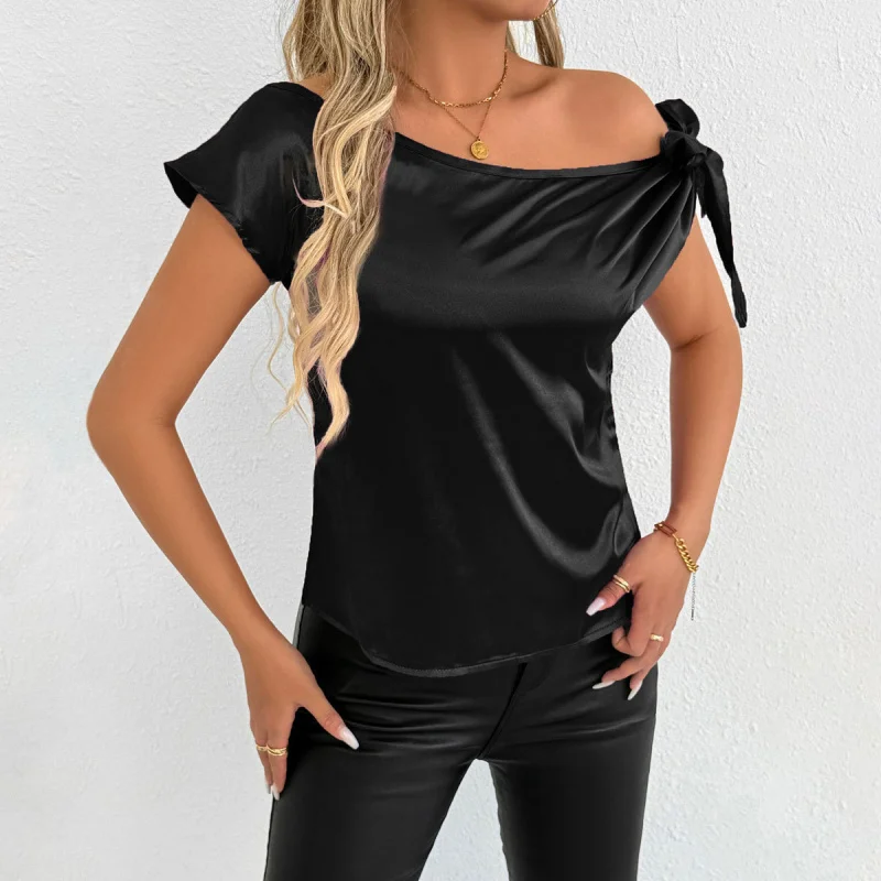 

New Women's Summer Satin Blouse Women Satin Artificial Silk Shirt Design Sense Niche Short-Sleeved Shirt