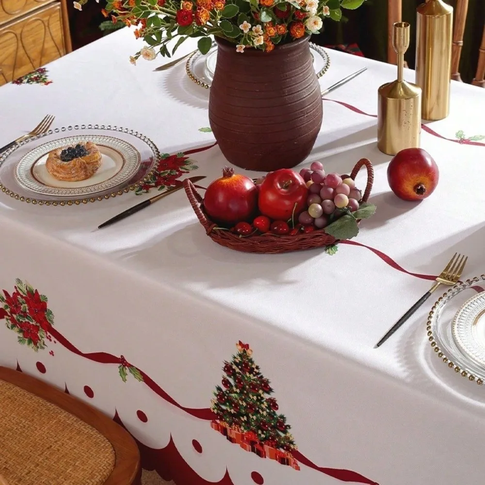 New Rectangle Decorative Table Cloth Reusable Waterproof Christmas Table Cover Poinsettia Floral Xmas Tablecloth Festival Props