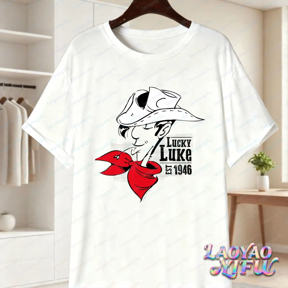 Lucky Luke Cartoon Character Western Style Unisex Cotton T-Shirt Summer Casual Wear For Women Trendy Graphic Tee Men's Clothing