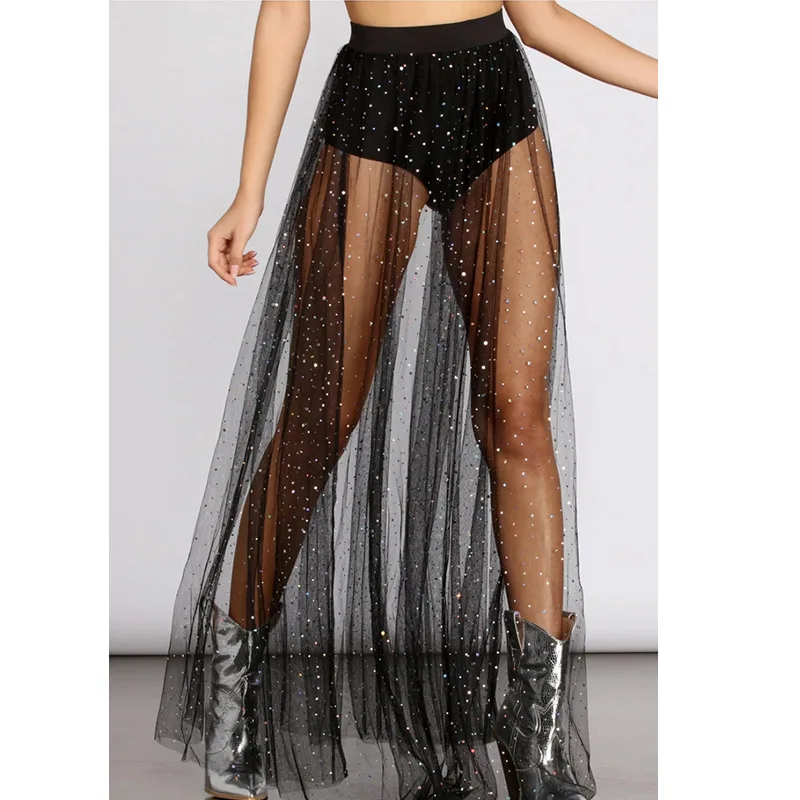 Mesh See Through Women's Skirt Mesh Big Hem Ankle Length Thin High Waist Elastic Waist Summer Shiny Sequin Solid Long Skirts