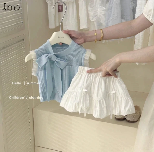 Girls Suit 2025 Summer New Childrens Clothing Korean Style Feng Male Baby Knitted Halter Belt Vest Work Dress Two Sets
