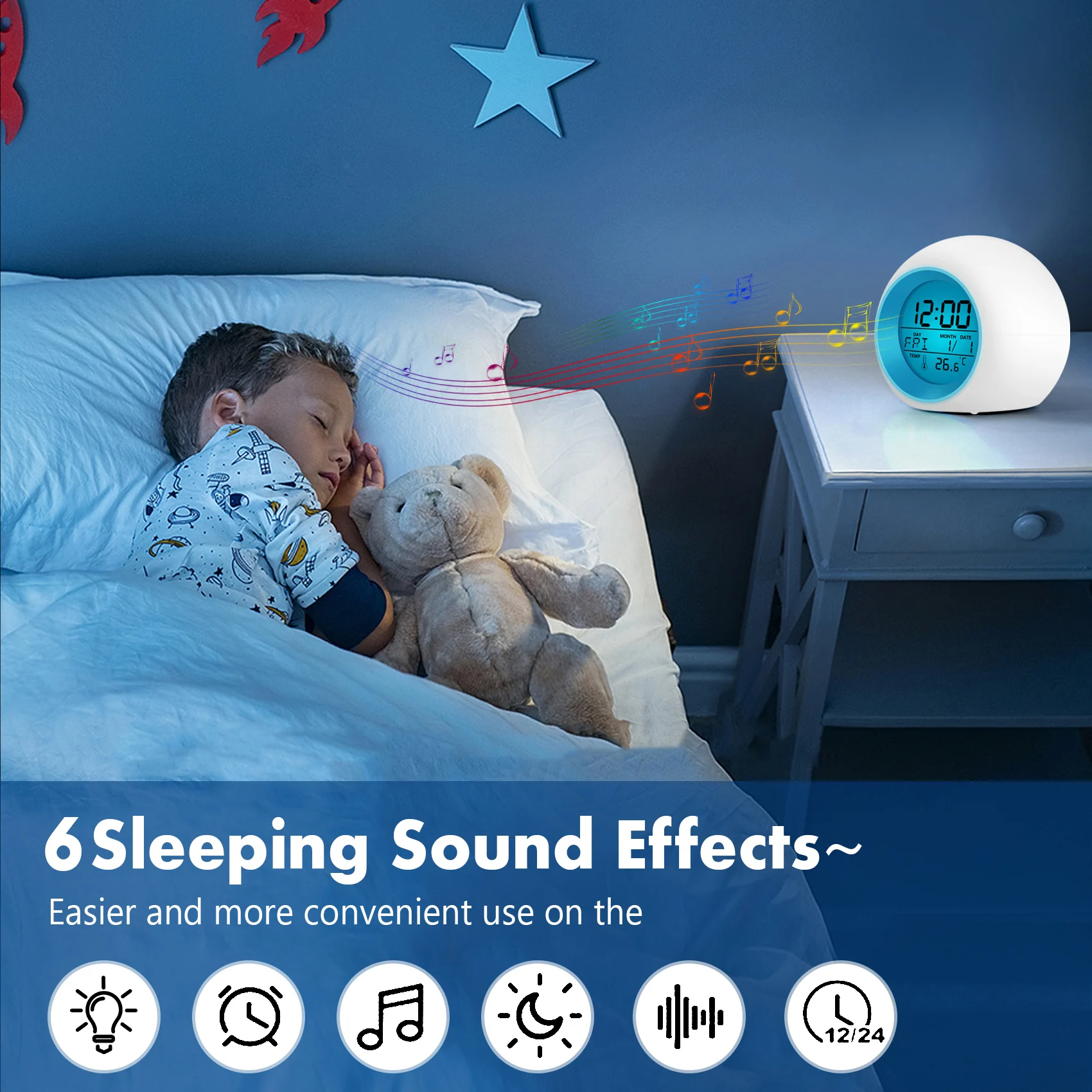 【Flash Sale】Kids Alarm Clock - Wake Up Light Digital Clock With 7 Colors Changing, Press Control And Snooze Function For Bedroom