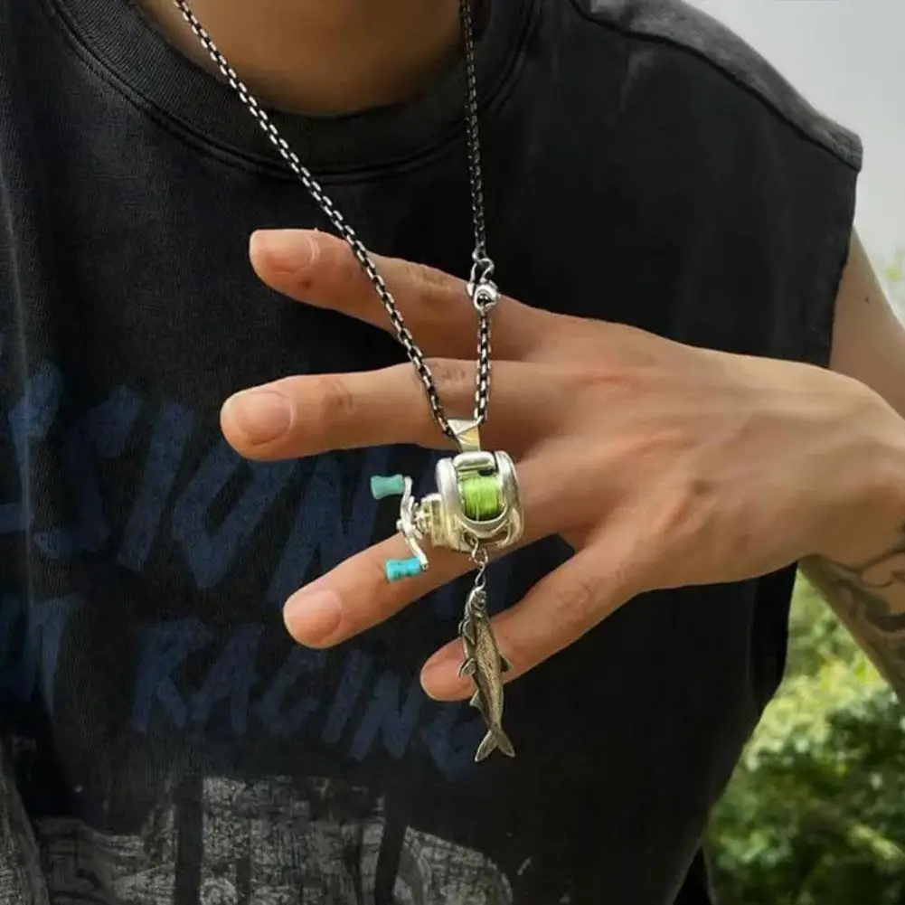 Premium Fishing Reel Pendant Necklace Unisex Rotating Removable Lure Charm Silver Plated Chain For Outdoor Angler Gift