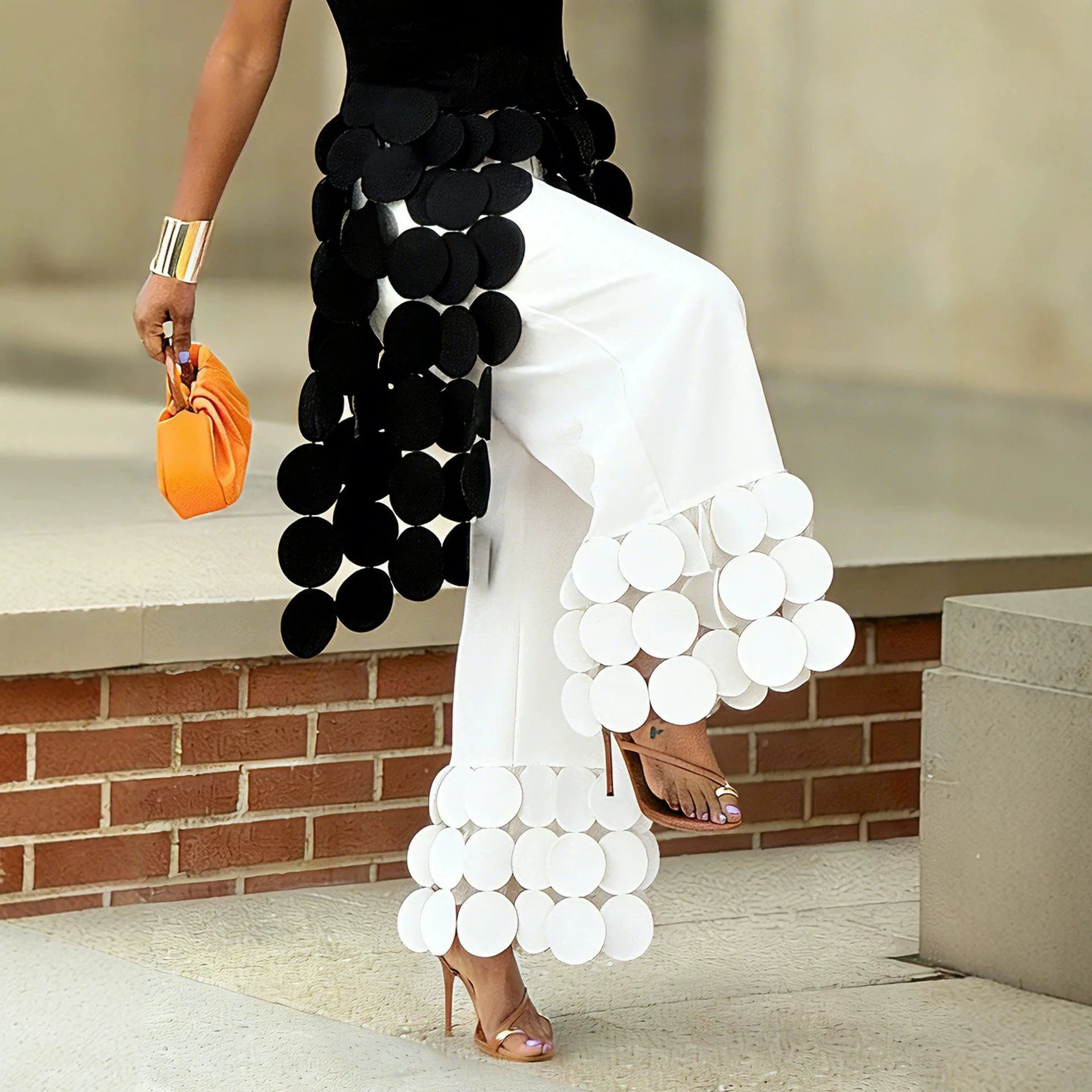 Women Casual Pants with 3D Circular Pom Pom Fringe Trim Women Wide Leg Trousers Elegant Party Bottoms for Formal Events
