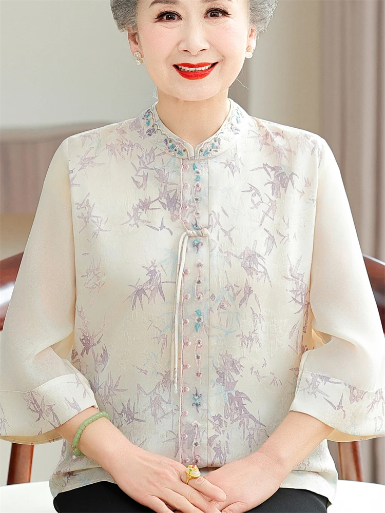 

Summer Faion ly Women's Embroidered Stand Collar Seven Quarter Sve awl Cuff New Chinese Sle Top Silk Georgette ...