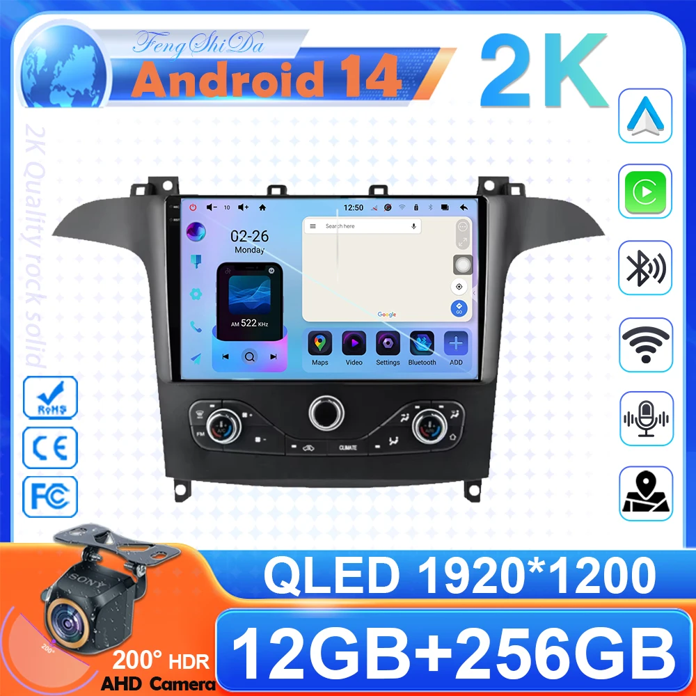 7862 Android 14 For Ford S Max S-MAX 2006-2015 For Ford Galaxy 2014 Auto Radio Stereo Multimedia Player GPS Navigation HDR QLED