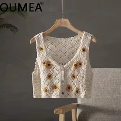 OUMEA Women Summer Cotton Crochet Retro Cropped Knitted Cardigans Daisy Floral Embroidery Sleeveless Button Up Chic Crop Tops