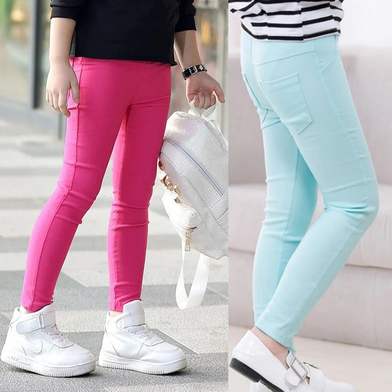New Spring Autumn Girls pencil Pants 3-12 Years Old Elastic Leggings Trousers Slim Fit Children Solid Color Imitation Jeans