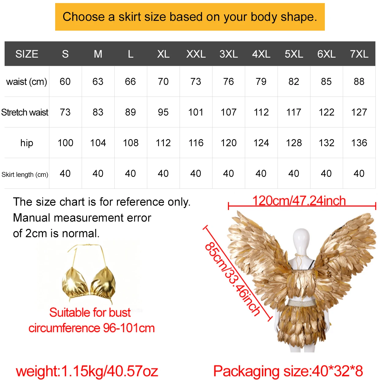 Goldene Feder-Engelsflügel-Kostüm-Outfit mit Schal, Crop-Top und Federrock für Halloween, Karneval, Cosplay und Themenveranstaltungen – Detail 1