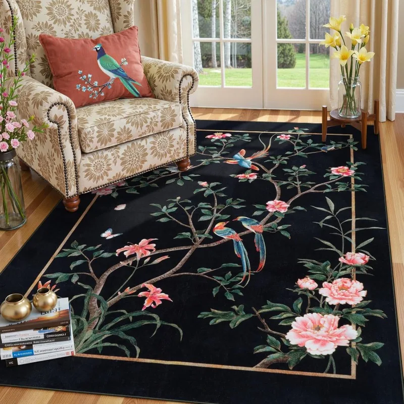 

Chinese Living Room Carpet Bird Pattern Luxury Art Bedroom Plush Rug Foldable Machine Washable Non-slip Sofa Coffee Table Mat 러그